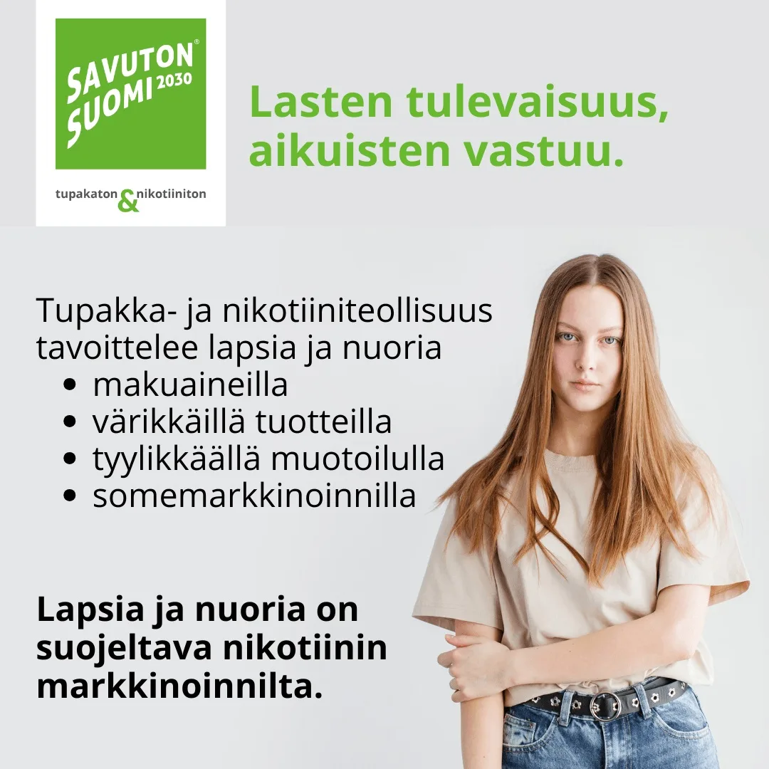 Savuton Suomi -päivää vietetään tänään.
Päivän tarkoituksena on nostaa yhdessä esille tärkeää tavoitetta savuttomasta ja nikotiinittomasta Suomesta. Päivän teemana on ”Lasten tulevaisuus, aikuisten vastuu”.